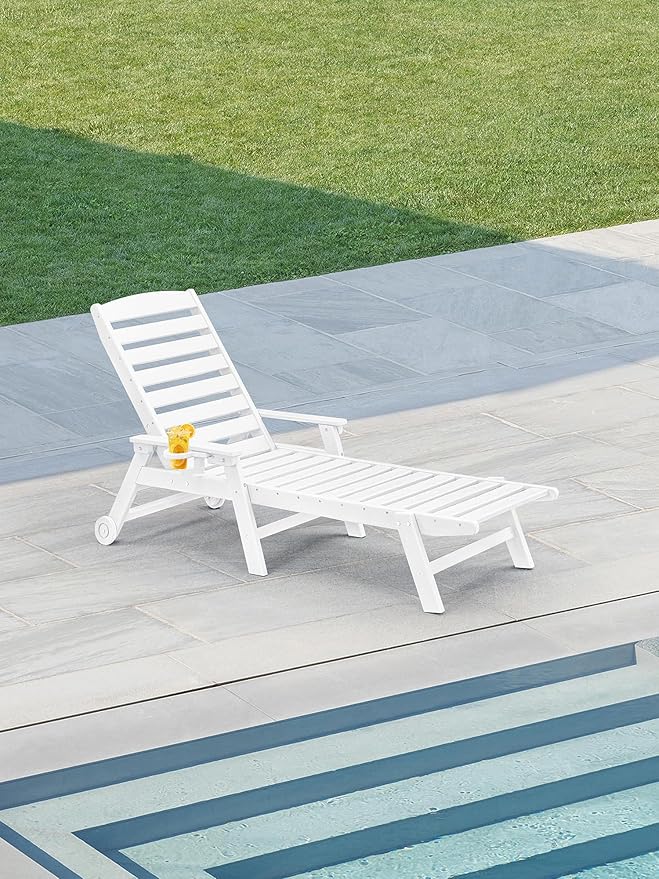 HDPE Patio Chaise Lounge Chair, 78.4'' Adjustable Outdoor Lounger, 5 Positions Poly Lounge Chair with Wheels & Cup Holder, HDPE Outdoor Patio Lounge Chairs for Backyard, Deck, Beach, Pearl