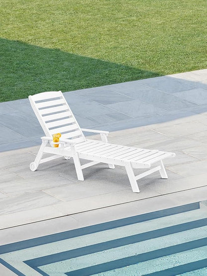 HDPE Patio Chaise Lounge Chair, 78.4'' Adjustable Outdoor Lounger, 5 Positions Poly Lounge Chair with Wheels & Cup Holder, HDPE Outdoor Patio Lounge Chairs for Backyard, Deck, Beach, Pearl