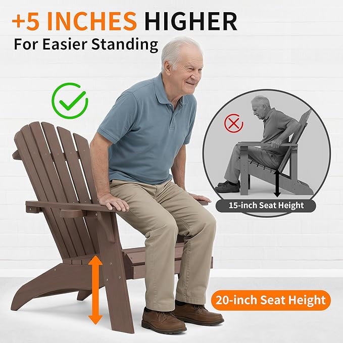 Psilvam Adirondack Chair, Oversized Poly Lumber Fire Pit Chair with Cup Holder, 350Lbs Support Patio Chairs for Garden, Weather Resistant Outdoors Seating, Relaxing Gift for Father & Mother (Brown)
