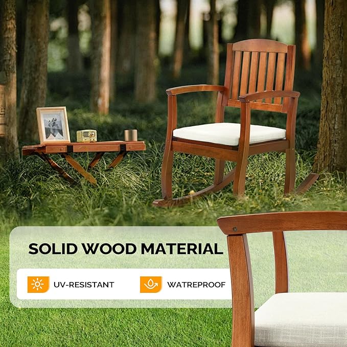 VINGLI Patio Rocking Chair with Cushion, Wood Rocking Bench with Comfortable Backrest, Outdoor Wooden Rocker Support 450 LBS for Indoors & Outdoors (Teak, 1 PCS)