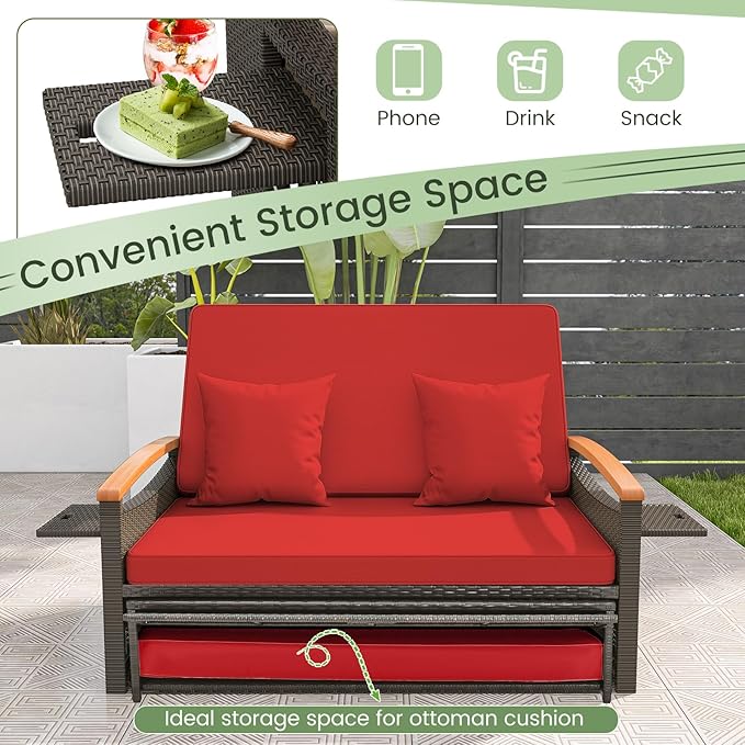 Tangkula Patio Rattan Daybed with 4-Level Adjustable Backrest, Outdoor Wicker Loveseat with Acacia Wood Armrest - Photo 8