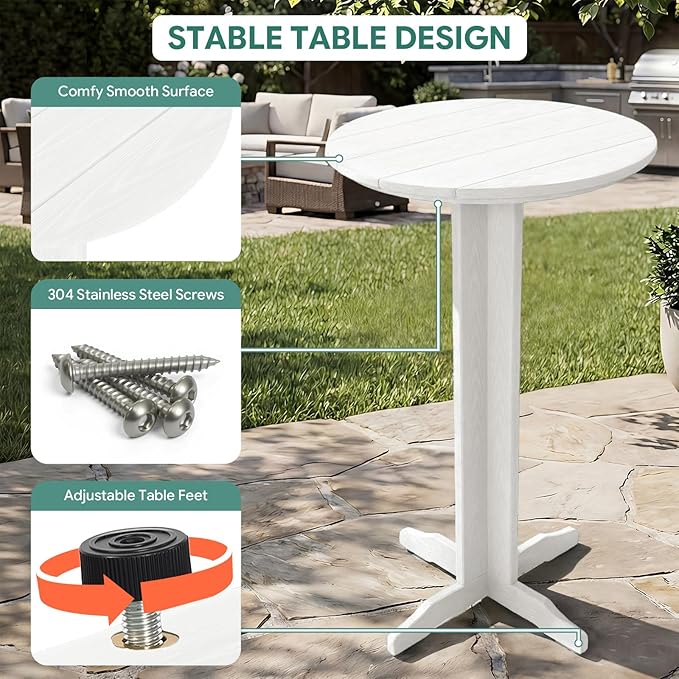 Outdoor Round Bar Table, 43 Inch All-Weather HDPE Bar Height Pub Table with Adjustable Feet, Heavy Duty High Top Bistro Table for Garden, Deck, Poolside,Backyard (White)