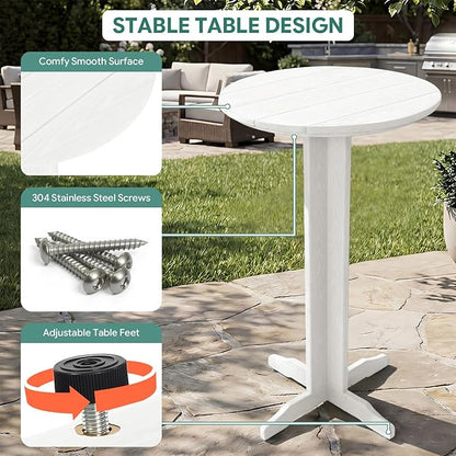 Outdoor Round Bar Table, 43 Inch All-Weather HDPE Bar Height Pub Table with Adjustable Feet, Heavy Duty High Top Bistro Table for Garden, Deck, Poolside,Backyard (White)