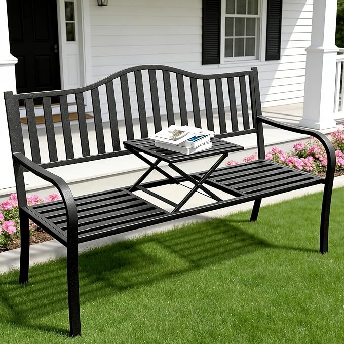 YLGJ&TIDY 50 Inches Garden Benches for Outdoor Patio Bench with Stripe Pattern Backrest Armrest Weatherproof Park Benches Metal Bench for Garden Park Porch Lawn Yard (BENCH04)