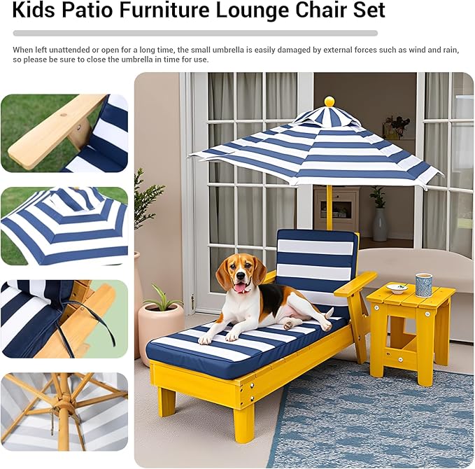 Kids Lounge Chair Outdoor, Kids Lounge Chair, Removable Striped Fabric Cushions, Outdoor Chaise Lounge with Parasol - Photo 3