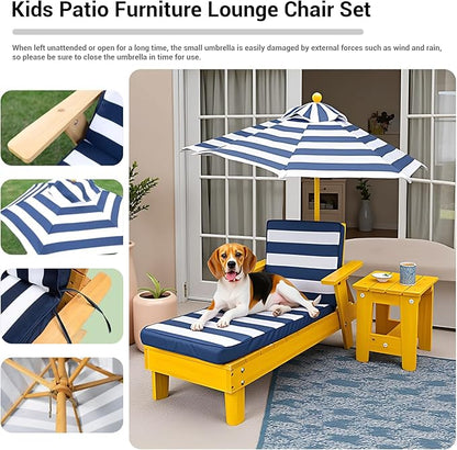 Kids Lounge Chair Outdoor, Kids Lounge Chair, Removable Striped Fabric Cushions, Outdoor Chaise Lounge with Parasol, Cushions and Coffee Table for Children or Dogs Green 14.5x35.9x20.1in