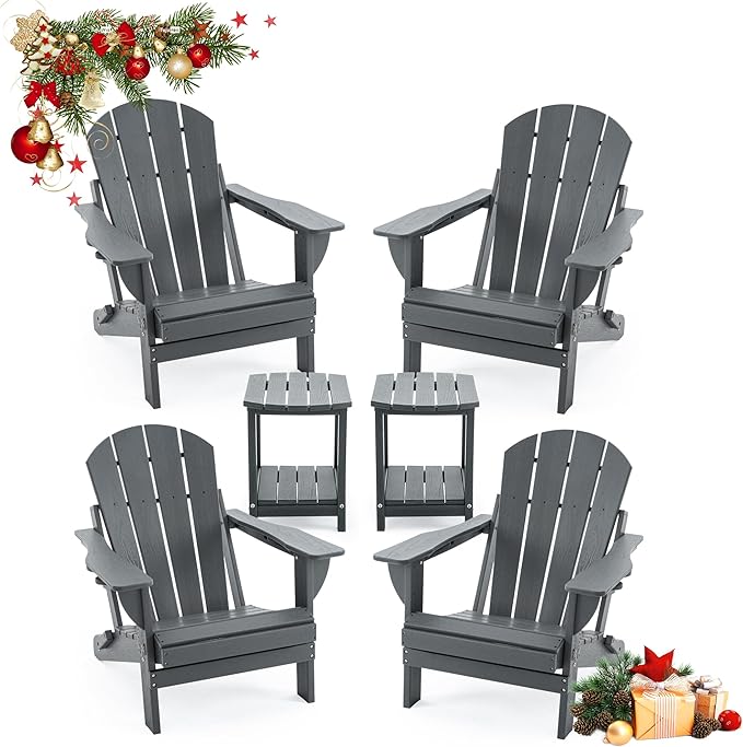 Folding Outdoor Adirondack Chairs Set of 4 with HDPE Side Tables-Plastic Weather Resistant Patio Chairs with Small Outdoor Side Tables 2 Storage for Patio,Fire Pit, Garden and Backyard