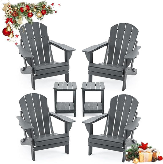Folding Outdoor Adirondack Chairs Set of 4 with HDPE Side Tables-Plastic Weather Resistant Patio Chairs with Small Outdoor Side Tables 2 Storage for Patio,Fire Pit, Garden and Backyard