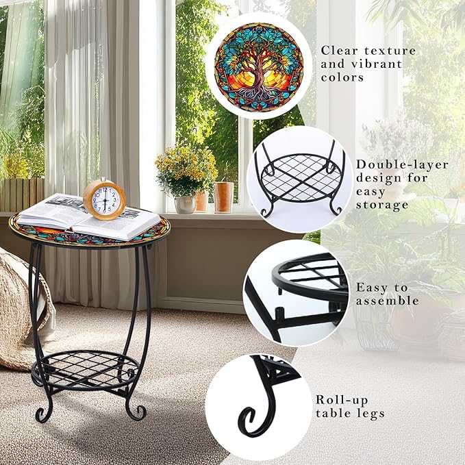 Outdoor Side Table Round Small Mosaic Patio Accent Indoor End Plant Coffee Tea Table for Yard Patio Porch Garden Living - Photo 4