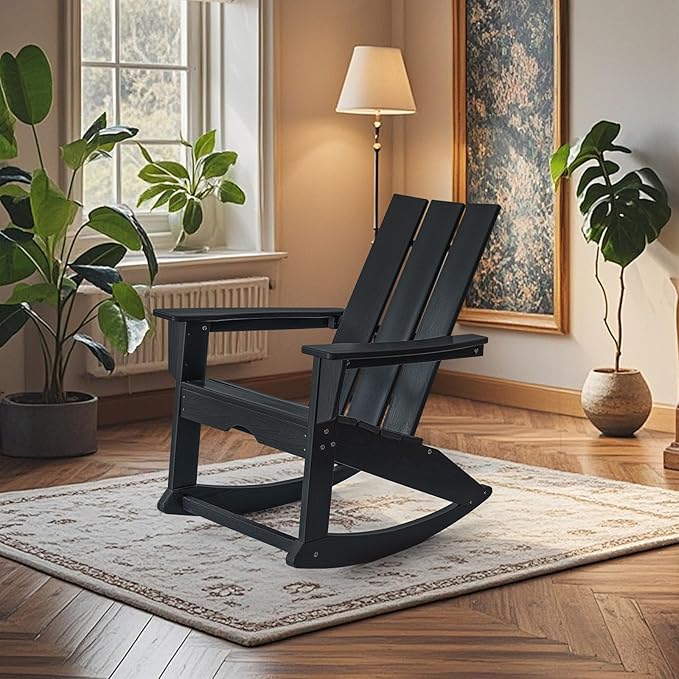 PROHIKER Adirondack Rocking Chair, HDPE All Weather Outdoor Patio Chair with High Backrest and Footboard, Indoor Adirondack Rocker for Lawn Garden Porch Backyard, Black