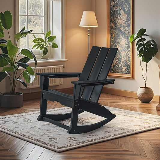 PROHIKER Adirondack Rocking Chair, HDPE All Weather Outdoor Patio Chair with High Backrest and Footboard, Indoor Adirondack Rocker for Lawn Garden Porch Backyard, Black