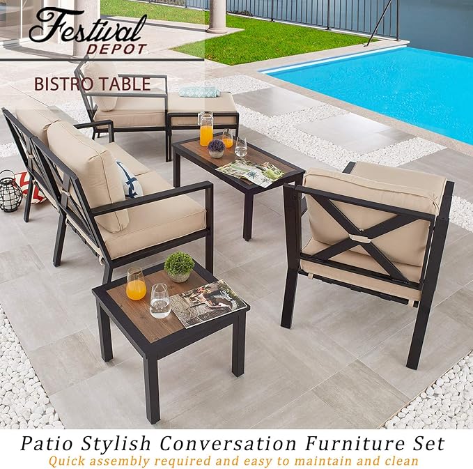 Festival Depot Metal Outdoor Square Patio Bistro Dining End Table with Wood-Like Aluminum-Plastic Top and Black Steel Legs (19"x19"x16")