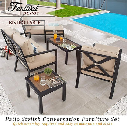 Festival Depot Metal Outdoor Square Patio Bistro Dining End Table with Wood-Like Aluminum-Plastic Top and Black Steel Legs (19"x19"x16")