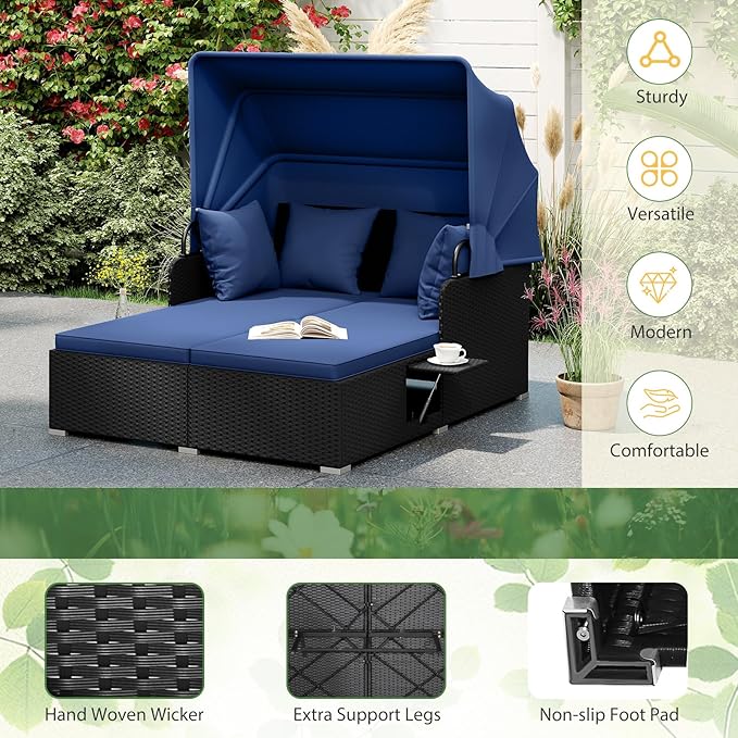 ORALNER Outdoor Daybed, 2-Person Wicker Patio Sofa with Retractable Canopy, Cushions & Pillows, 2 Side Trays - Photo 6