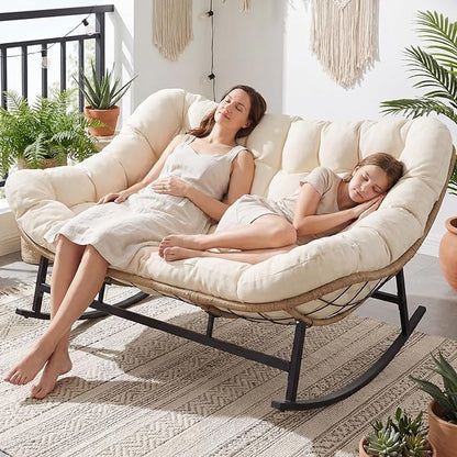 NICESOUL Oversized Double Rocking Papasan Chair with Thick Cushion, 2 Person Big Wicker Outdoor Comfy Recliner, Extra Large Heavy Duty Egg Loveseat for Patio, Balcony, Backyard, Garden, Beige
