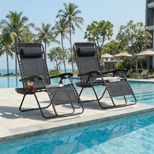 TLSUNNY Zero Gravity Chair Set of 2, Outdoor Folding Lounge W/Detachable Headrest & Holder Tray, Adjustable Textilene Lawn Reclining, No Assembly Required, for Patio, Garden, 330LBS (1, Black)