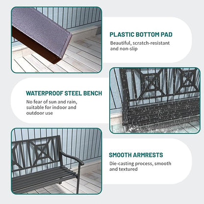 Metal Bench Patio Bench, Outdoor Benches Weatherproof with Lattice Backrest, Wrought Iron Garden Benches for Outdoors, Patio, Garden, Park, 2 Pack