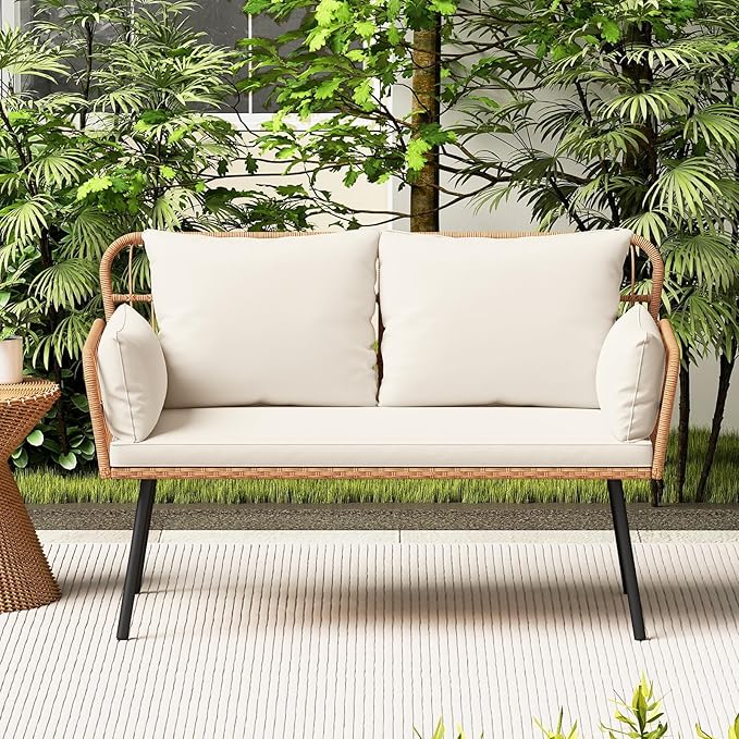 HAPPYGRILL Patio Loveseat Sofa Rattan Wicker 2-Seater Couch with Cushions & Lumbar Pillows, Metal Legs, Outdoor Furniture for Balcony, Porch, Deck (Off White)