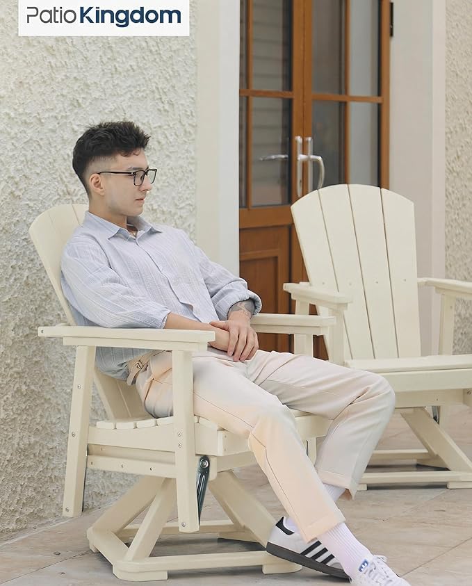HDPE Swivel Glider Chair Set of 2 with Folding Side Table, Wooden Textured Adirondack Outdoor Swivel Chairs for Porch, Balcony, Poolside, Backyard (White)