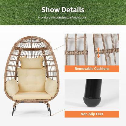 Oversized Egg Chair Outdoor Wicker Egg Chair 352lbs Capacity Outdoor Lounge Chair All Weather PE Rattan Patio Chair with Removeable Thick Cushions for Patio Balcony Backyard Garden Indoor, White