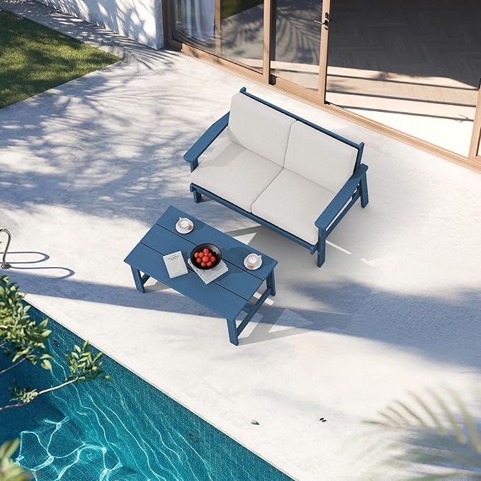 SERWALL Outdoor Loveseat, Blue Frame and Khaki Cushion - Photo 9