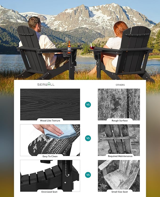 SERWALL HDPE Folding Adirondack Chair with Dual Cup Holder - Composite Adirondack Chair Set of 8- Black - Photo 5