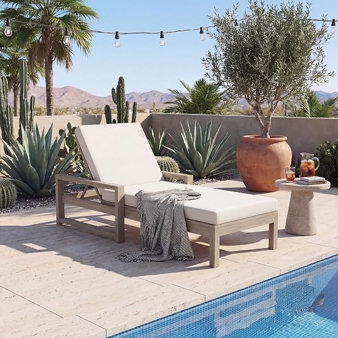 Outdoor Chaise Lounge Chair, Patio Chaise Lounge Recliner with Adjustable Backrest, Acacia Wood Poolside Chaise Lounge with Thick All-Weather Cushions for Patio, Deck and Backyard(B)