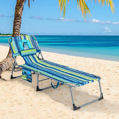 COSTWAY Folding Beach Lounge Chair, Tanning Chair with Face Hole, 5-Position Adjustable Backrest, Pillow & Side Pocket, Foldable Chaise Lounge Chair Outdoor for Sunbathing, Camping (2, Blue+Green)