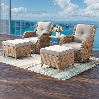 Rilyson Patio Furniture Swivel Chairs Set - 5 Piece Rattan Wicker Outdoor Sectional Conversation Sets with 2 Swivel Rocking Chairs,2 Ottomans and 1 Side Table for Porch Deck Garden(Yellow/Beige)