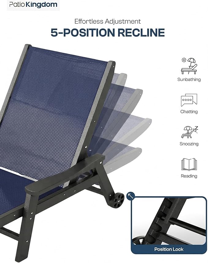 Patio Chaise Lounge Chair with Wheels & Cup Holder, HDPE Textilene Outdoor Lounge Chair 5 Positions Adjustable for Poolside Deck Patio Backyard (2, Grey Frame, Navy Textilene)