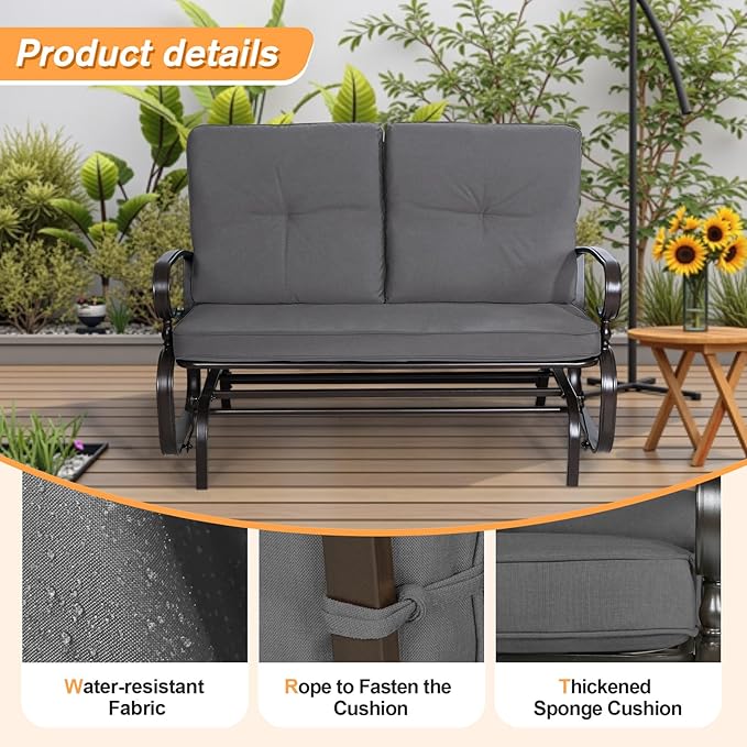 Incbruce Outdoor Textilene Glider Rocking Chair Patio Glider Bench for 2 Person, Porch Loveseat Seating Patio Steel Frame Chair Set with Cushion for Porch, Patio, Garden (Grey)