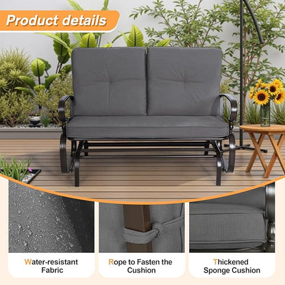 Incbruce Outdoor Textilene Glider Rocking Chair Patio Glider Bench for 2 Person, Porch Loveseat Seating Patio Steel Frame Chair Set with Cushion for Porch, Patio, Garden (Grey)