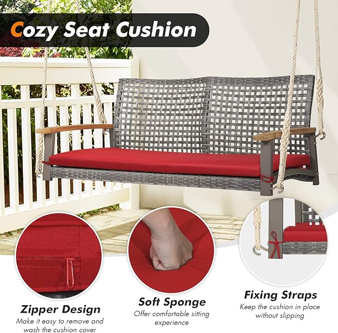 RELAX4LIFE 2-Seater Outdoor Porch Swing - Patio PE Rattan Hanging Swing Bench with Seat Cushion and Strong Hanging Ropes - Photo 3