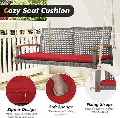 RELAX4LIFE 2-Seater Outdoor Porch Swing - Patio PE Rattan Hanging Swing Bench with Seat Cushion and Strong Hanging Ropes, Wicker Swing Loveseat Bench for Porch, Backyard, Garden, 800 lbs (Red)