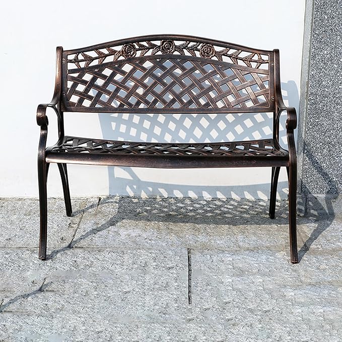 Outdoor Bench Chair Cast Aluminum Garden Bench Patio Bench All-Weather Park Bench for Backyard Porch Lawn (100cm Rose Park Bench)