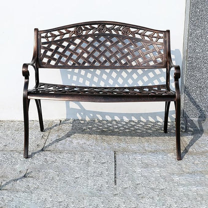 Outdoor Bench Chair Cast Aluminum Garden Bench Patio Bench All-Weather Park Bench for Backyard Porch Lawn (100cm Rose Park Bench)