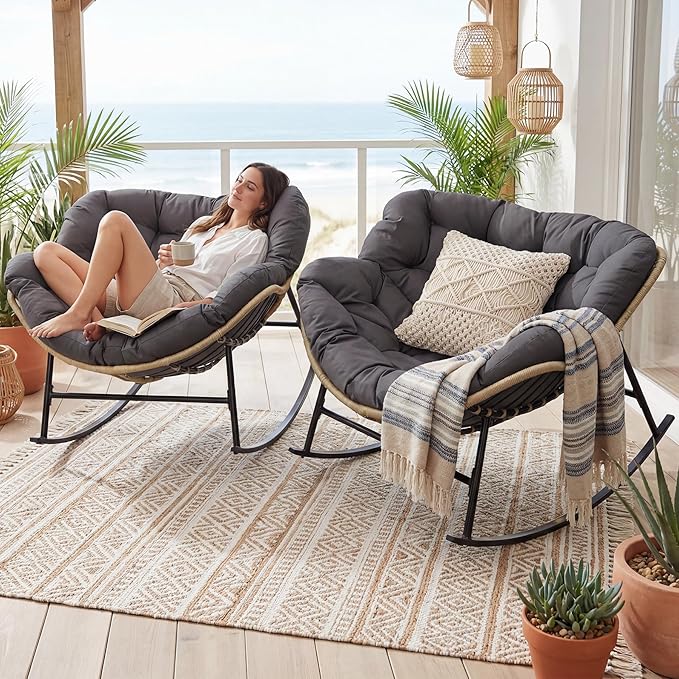 NICESOUL Indoor Outdoor 2-Piece Oversized Papasan Rocking Chair Set, Extra-Large Cushioned Double Royal Rockers, Comfy Loveseat Patio Lounge Chair, All Weather Durable Wicker Egg Glider, Dark Gray