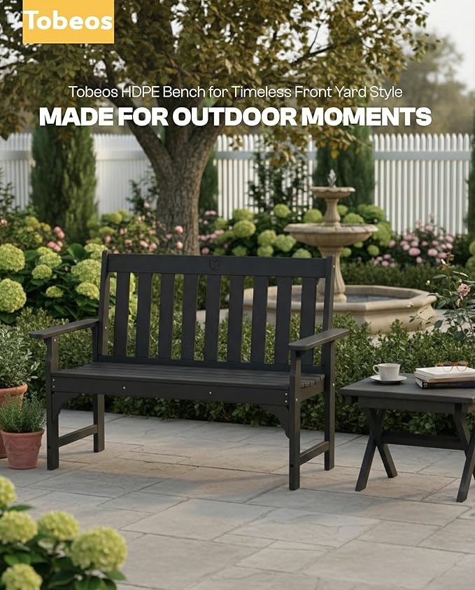 2-Person Outdoor Garden Bench, HDPE All-Weather Patio Bench with Backrest & Armrests, Heavy Duty Outdoor Seating for Porch, Backyard & Park, 660 lbs (Black, 1 Bench)