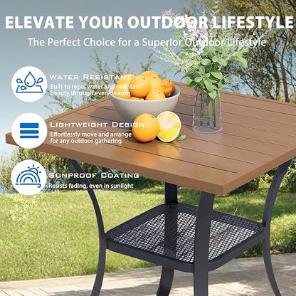 27.5'' Outdoor Patio Table with Storage Shelf, Heavy Duty 400lbs Capacity Square Metal Garden Table, All-Weather Walnut Tabletop for Deck, Balcony, Bistro, 2-4 Person