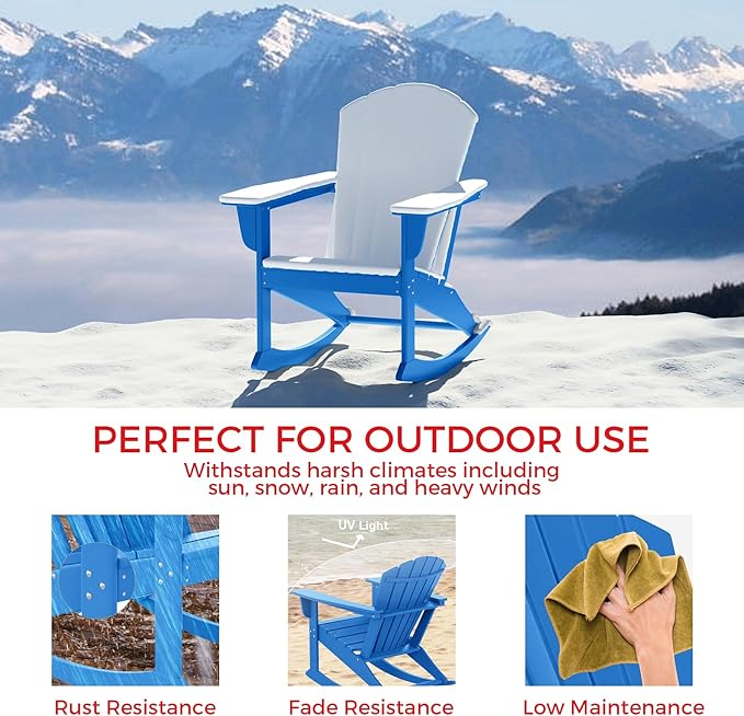 Costaelm Outdoor Adirondack Chair, All Weather Resistant Lawn Chairs Balcony Chair and Fire Pit Chairs, Deck Chairs Outdoor Porch Rocking Chair High Back HDPE Poly Lumber, Pacific Blue