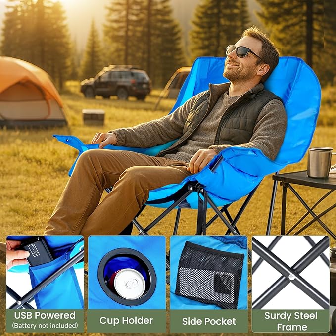 ABORON Heated Oversized Rocking Camping Chair for Adults, Fully Padded Folding Outdoor Lawn Chair with Side Pocket, Portable Recliner Chair for Camp, Patio, Backyard, Supports 400 lbs