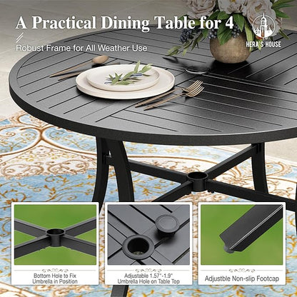 HERA'S HOUSE 42" Round Patio Table with Umbrella Hole, Outdoor Dining Table for 4, Black Metal Table for Deck Lawn Garden Backyard