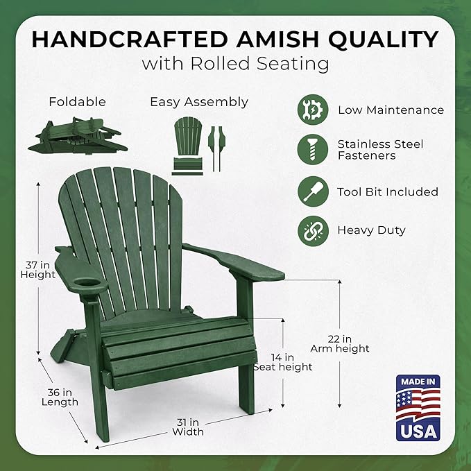 Ecommersify Folding Adirondack Chair with Cup Holder - (Turf Green) - Heavy Duty Recycled Poly Lumber Folding Chair - Amish Crafted Outdoor Furniture - Made in USA