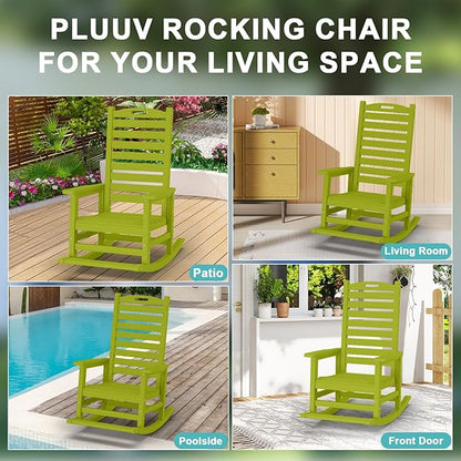 PLUUV Outdoor Rocking Chair Set of 2 with Removable Footboard for Adults, HDPE High Back Patio Rocking Chairs, 330lbs All Weather Porch Rocking Chairs for Outdoor & Indoor -Pistachio Green