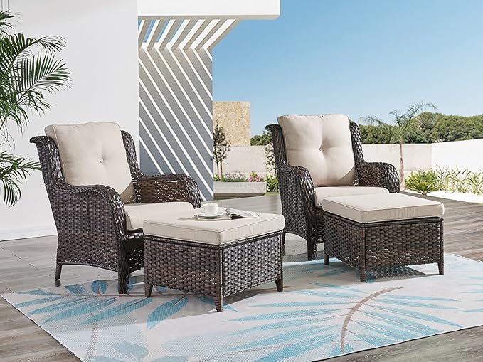 HUMMUH 4 Pieces Patio Bistro Set Wicker Patio Chairs Set of 2 with Ottomans Rattan Outdoor Furniture Conversation Set for Yard,Garden,Porch…