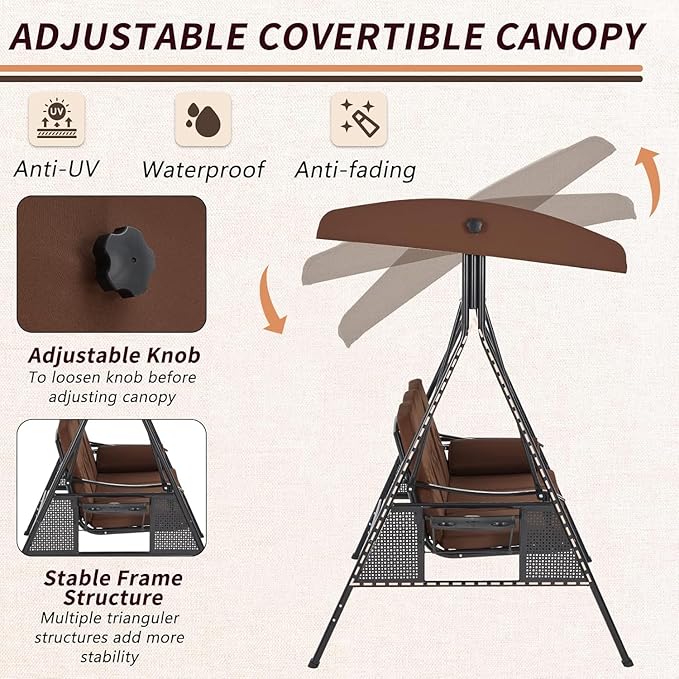 AECOJOY Outdoor Porch Swing, 3-Seat Porch Swing with Adjustable Canopy, Outdoor Swings for Adult with Brown Removable Cushions for Backyard, Garden, Yard, Poolside, Balcony
