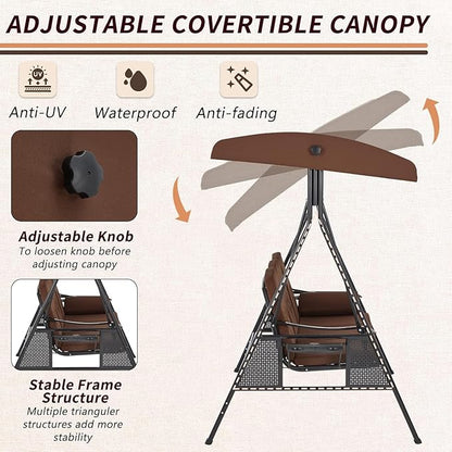 AECOJOY Outdoor Porch Swing, 3-Seat Porch Swing with Adjustable Canopy, Outdoor Swings for Adult with Brown Removable Cushions for Backyard, Garden, Yard, Poolside, Balcony