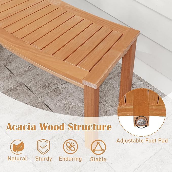 RELAX4LIFE Wooden Outdoor Curved Bench - Acacia Wood Garden Bench w/Slatted Seat, 2-Person Outside Backless Seating for Porch Backyard Deck Park, 800 LBS Load Capacity, Patio Fire Pit Bench (4, 58'')