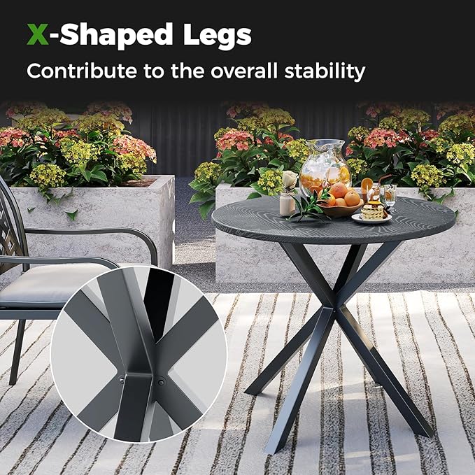 Tangkula 34-Inch Metal Round Patio Dining Table for 4, Heavy Duty Outdoor Metal Frame Dinner Table with Wood-Like Top & X-Shaped Legs, Outside Bistro Table for Deck, Balcony, Backyard, Lawn & Garden