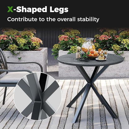 Tangkula 34-Inch Metal Round Patio Dining Table for 4, Heavy Duty Outdoor Metal Frame Dinner Table with Wood-Like Top & X-Shaped Legs, Outside Bistro Table for Deck, Balcony, Backyard, Lawn & Garden